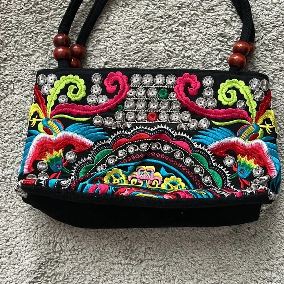 Mexican Embroidered Black Purse / Bag - Never Used - Picture 4 of 5
